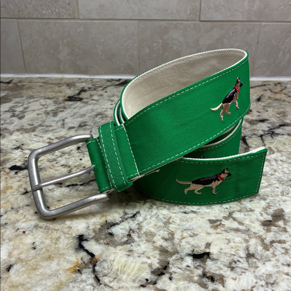 Dancing Dog Design Fabric Belt Embroidered German Shepard Green XL NWOT